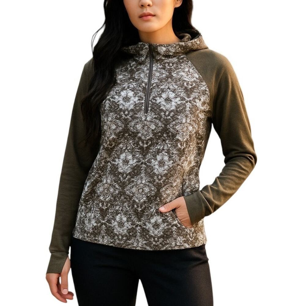 Zip Up Raglan Hoodie Size XS Green Jacquard Print Solid Sleeves Thumb Holes